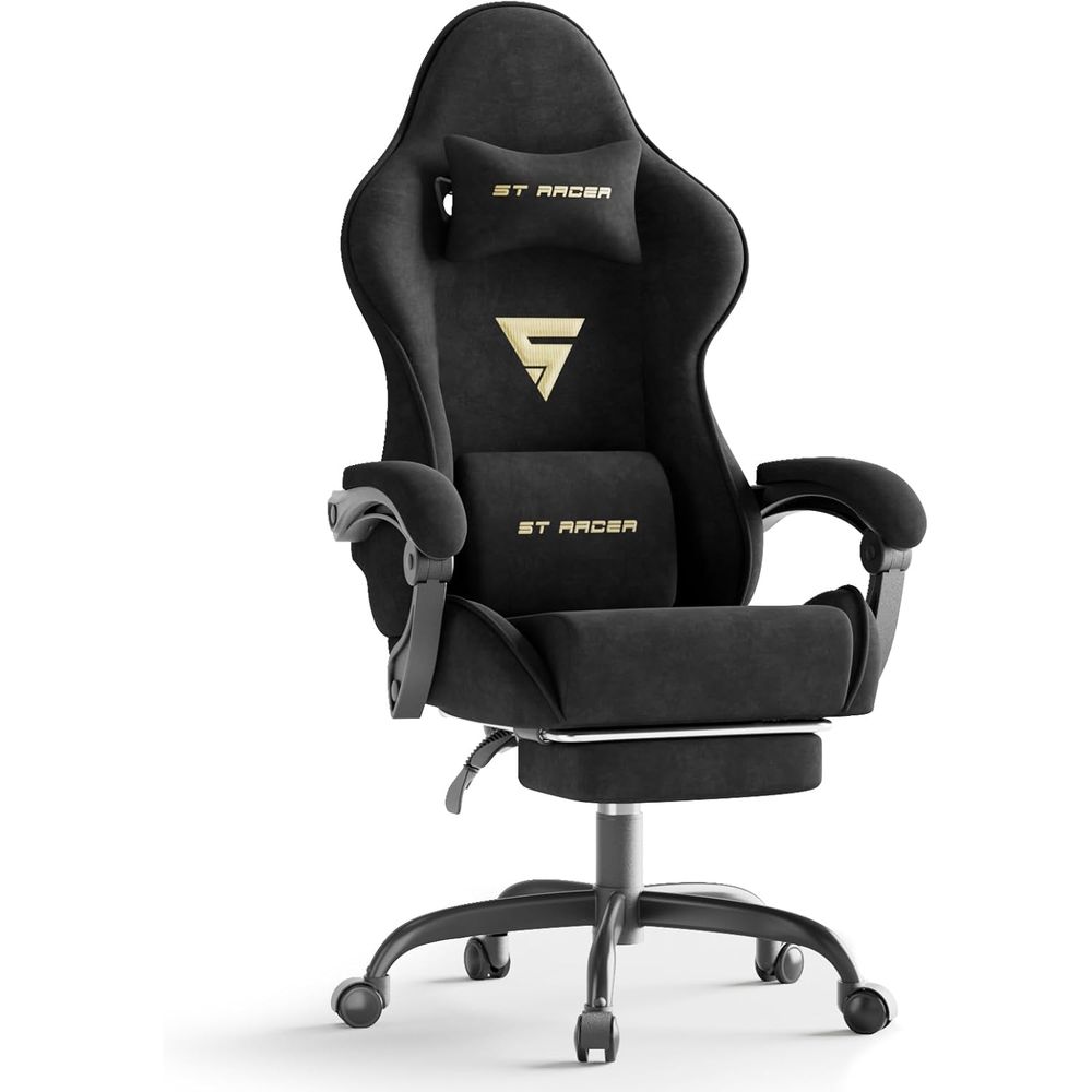 Pc Gaming Usa - เก้าอี้เกมมิ่งกำมะหยี่แบบเออร์กอนอมิกพร้อมที่วางเท้าและระบบนวด เก้าอี้คอมพิวเตอร์พนักพิงสูงปรับเอนได้สำหรับผู้ใหญ่ สไตล์รถแข่ง