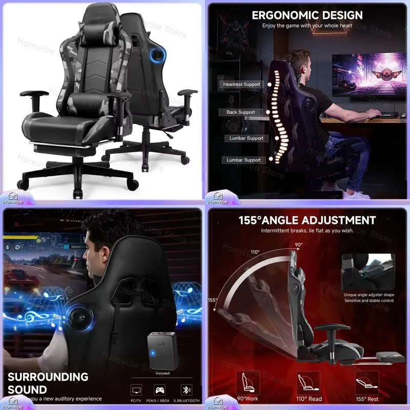 Gaming Speaker - เก้าอี้เกมมิ่งตามหลักสรีรศาสตร์พร้อมลำโพงบลูทูธ ที่วางแขนปรับได้ 2 มิติ เก้าอี้คอมพิวเตอร์พนักพิงสูงหุ้มหนัง PU